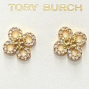 New Tory Burch Kira Pavé Clover Stud Earrings in Gold in TB Earring Card